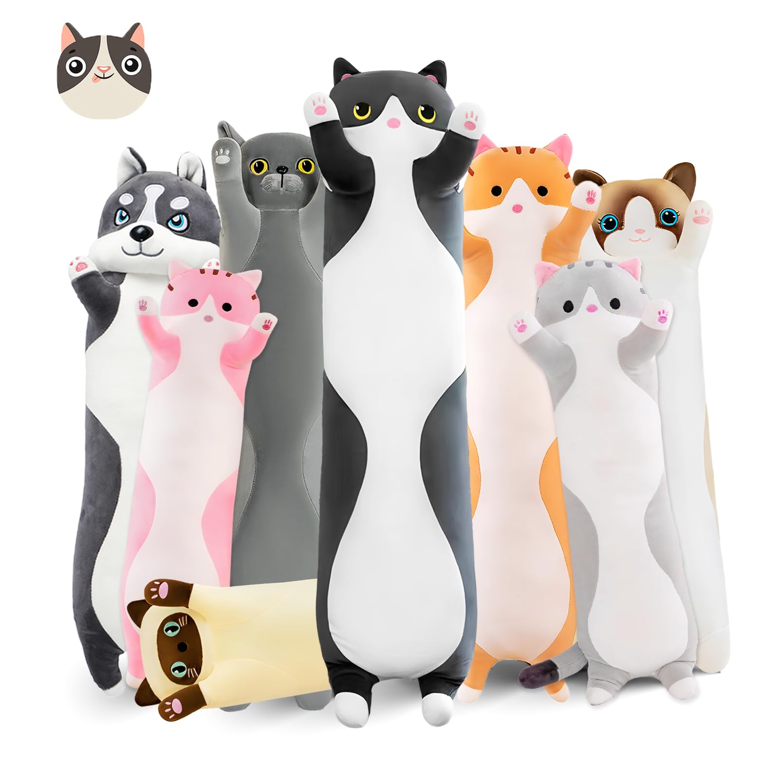 NXNYNZ Long Cat Plush Pillow, 19.6in Cute Black Cat Plushie Stuffed Animals Body Pillow, Kawaii Kitten Soft Plushie Doll Toy Bir